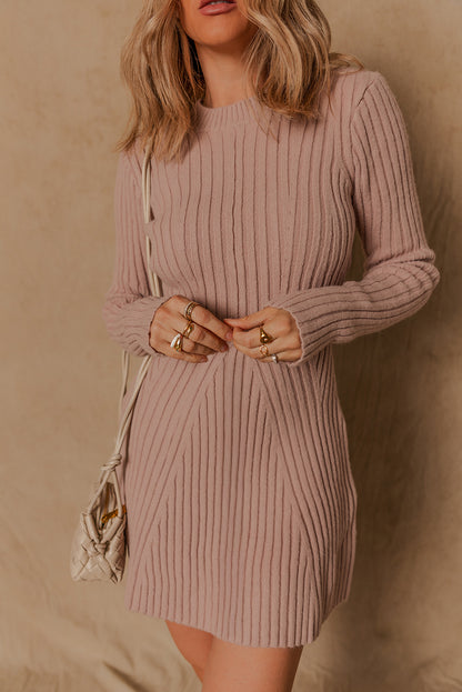 Smoke Gray Ribbed Knit Long Sleeve Slim Fit Sweater Dress