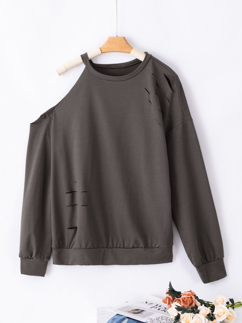 Grey Asymmetric Distressed Cold Shoulder Sweater