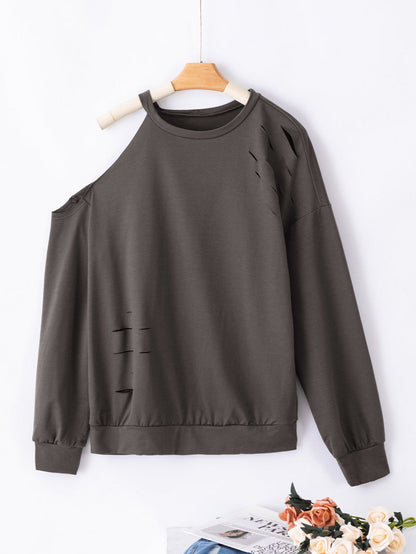 Grey Asymmetric Distressed Cold Shoulder Sweater