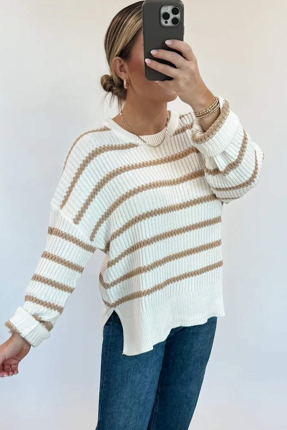 Khaki Stripe Ribbed Knit Drop Shoulder Loose Sweater