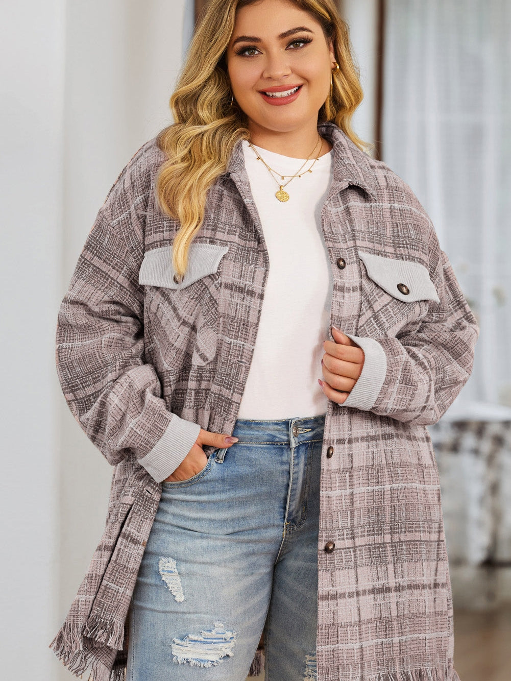 Pink Plus Size Macrame Plaid Coat