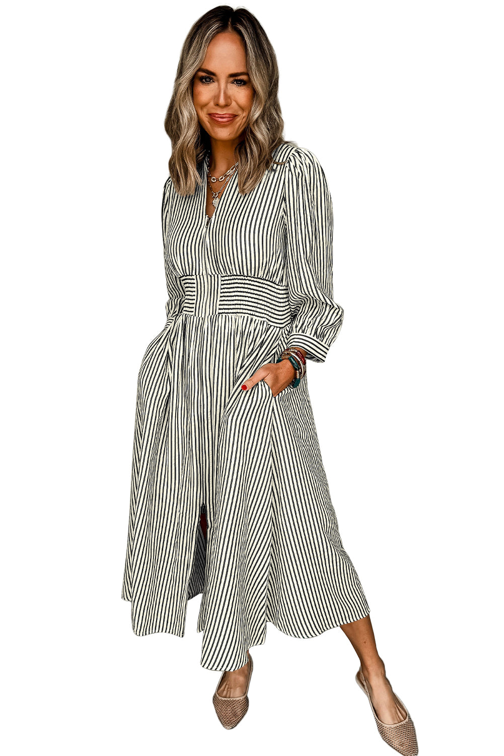 Black Stripe V Neck Zip Front Cinched High Waist Midi Dress