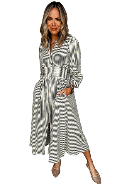 Black Stripe V Neck Zip Front Cinched High Waist Midi Dress