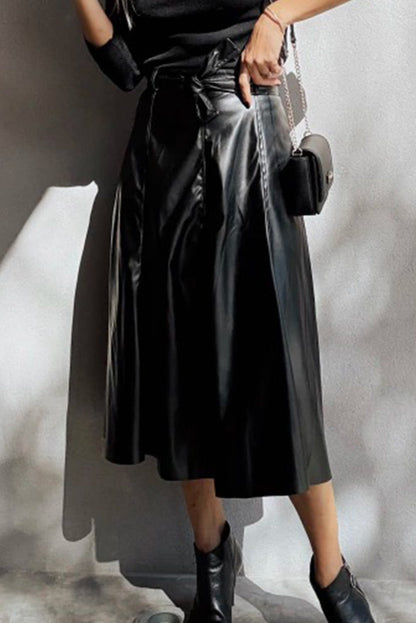 Black Faux Leather Belted Midi Skirt