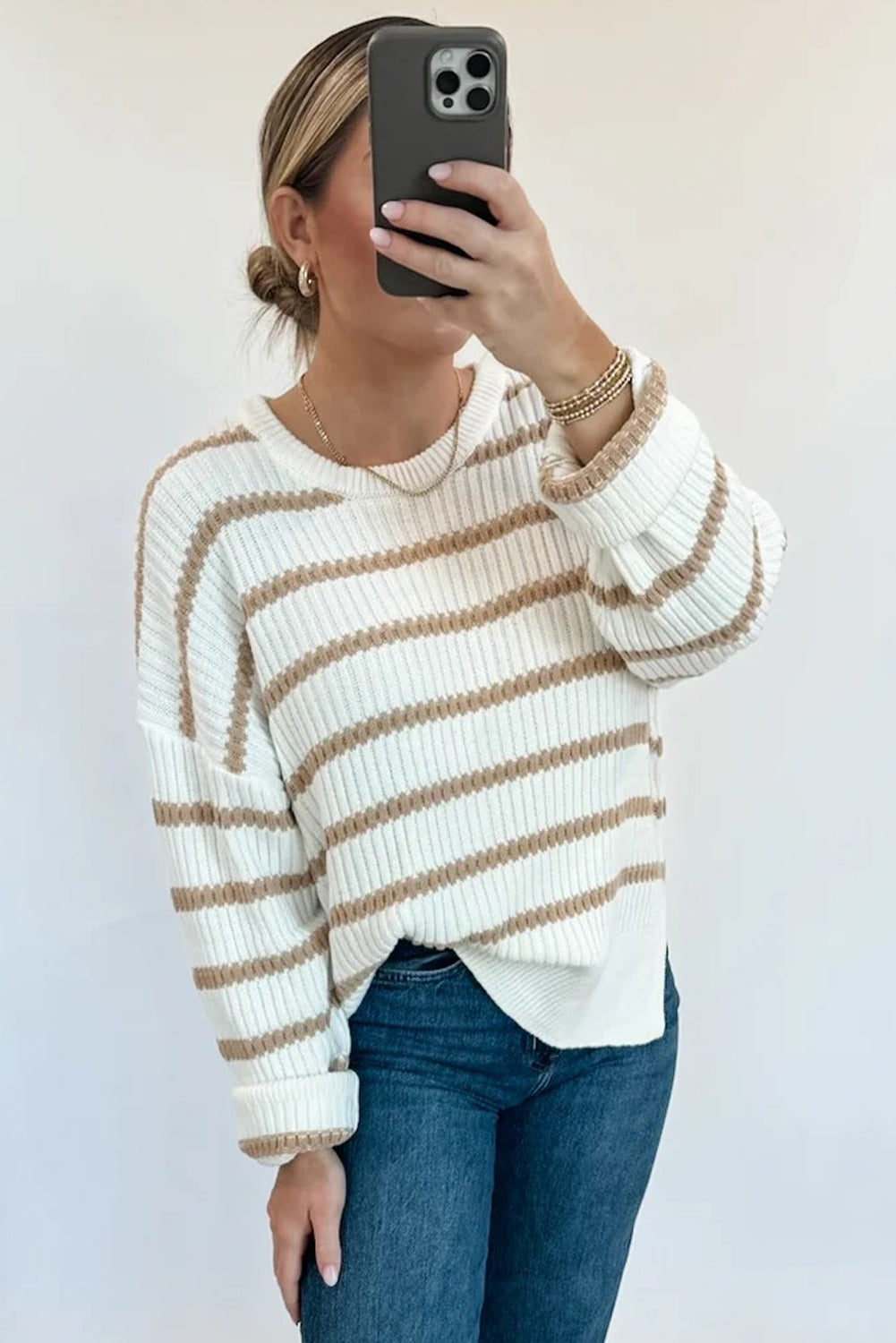 Khaki Stripe Ribbed Knit Drop Shoulder Loose Sweater