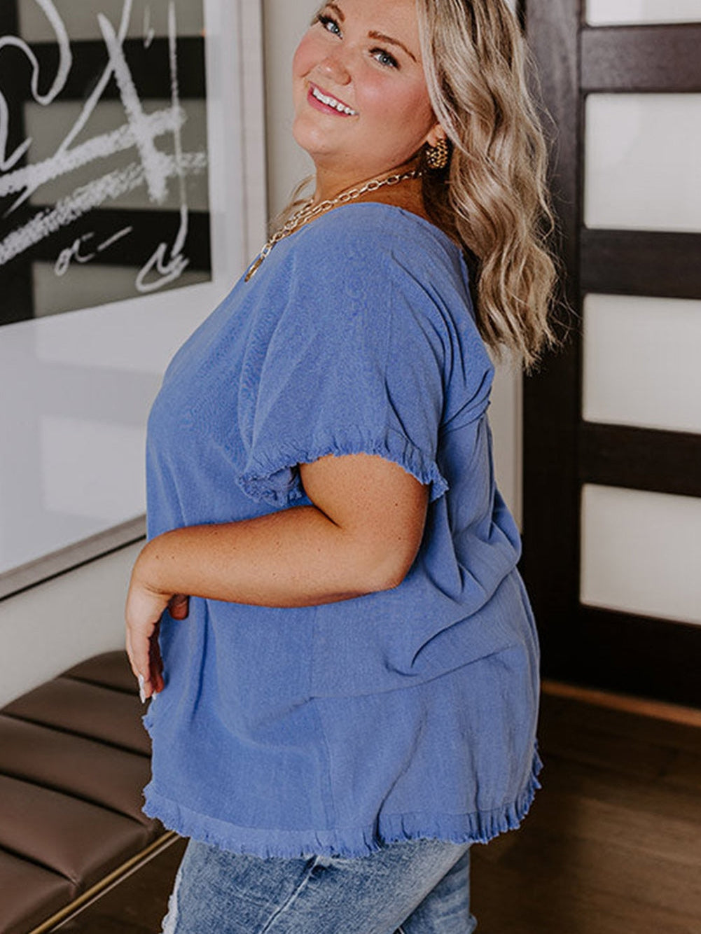 Ashleigh Blue Plus Size Raw Hem Short Sleeve Shift Top