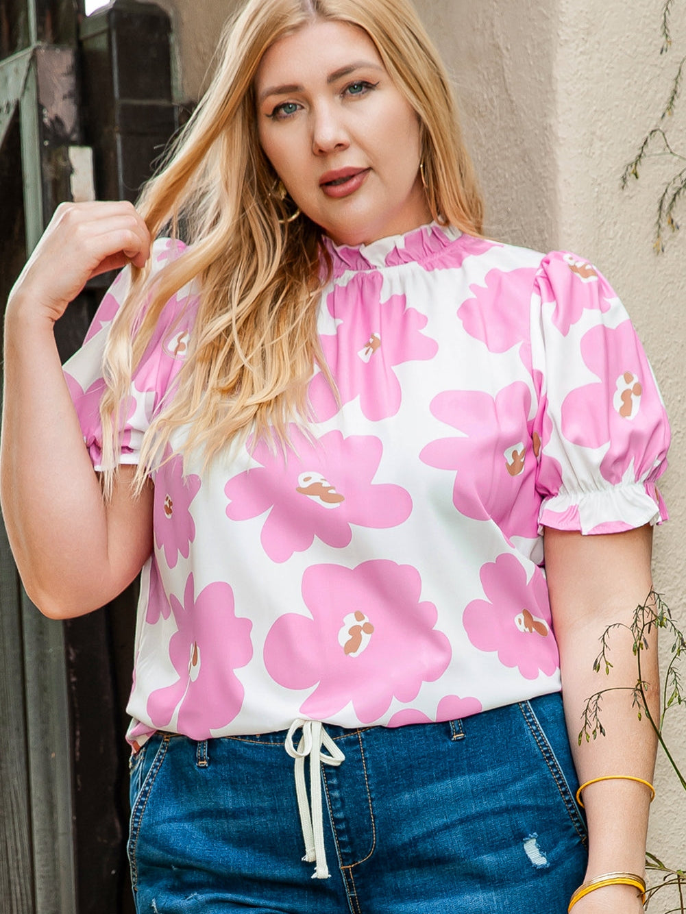 Purple Floral Ruffled Mock Neck Puff Sleeve Plus Size Blouse