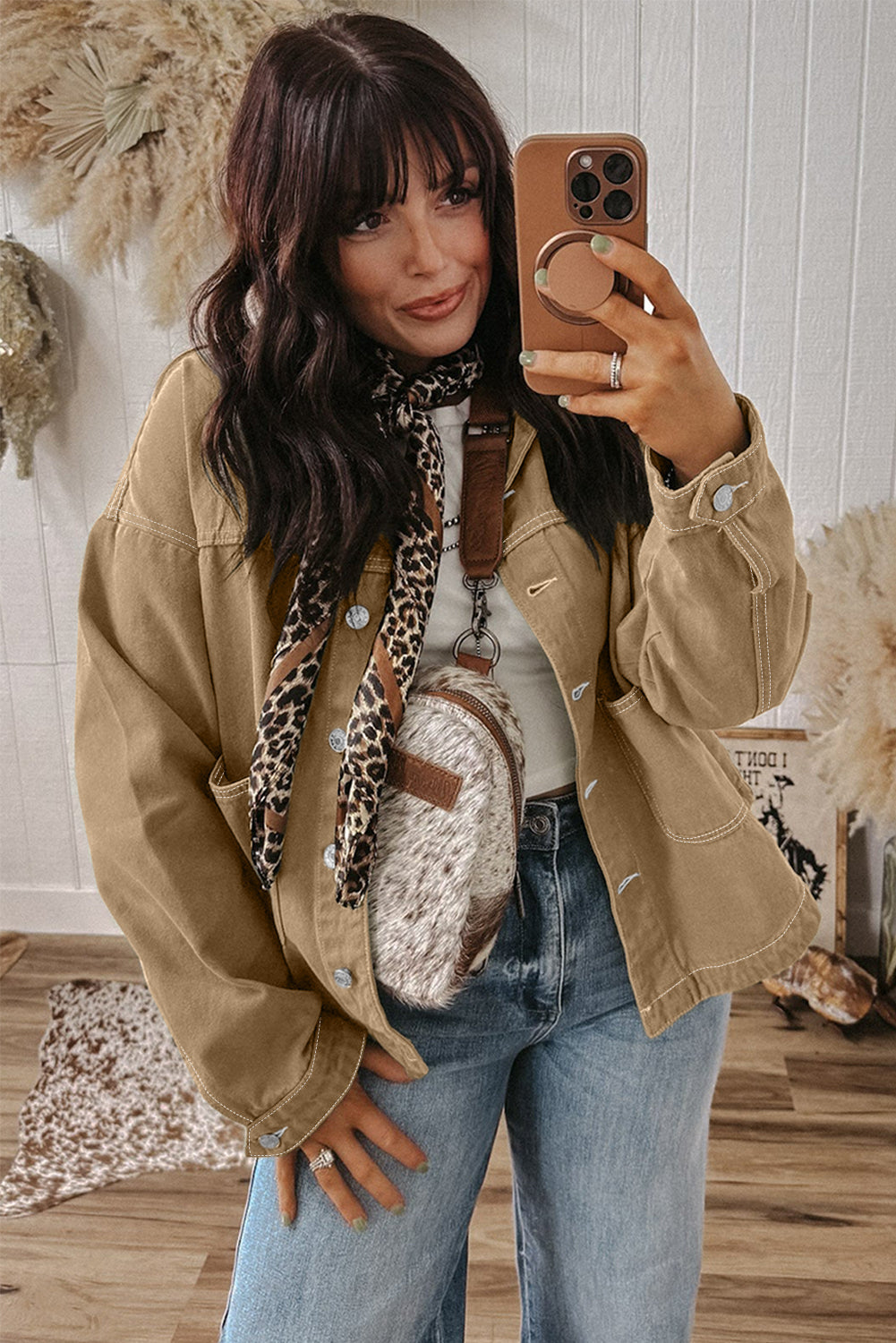 Parchment Patched Pocket Collared Button Front Boyfriend Denim Jacket