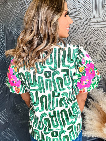 Green Floral Embroidered Puff Sleeve Frilled Neck Shift Top
