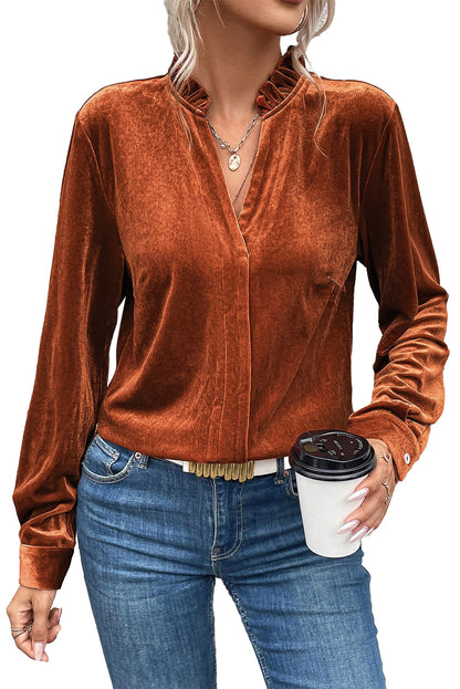 Golden Flame Frill-Collared Velvet Blouse