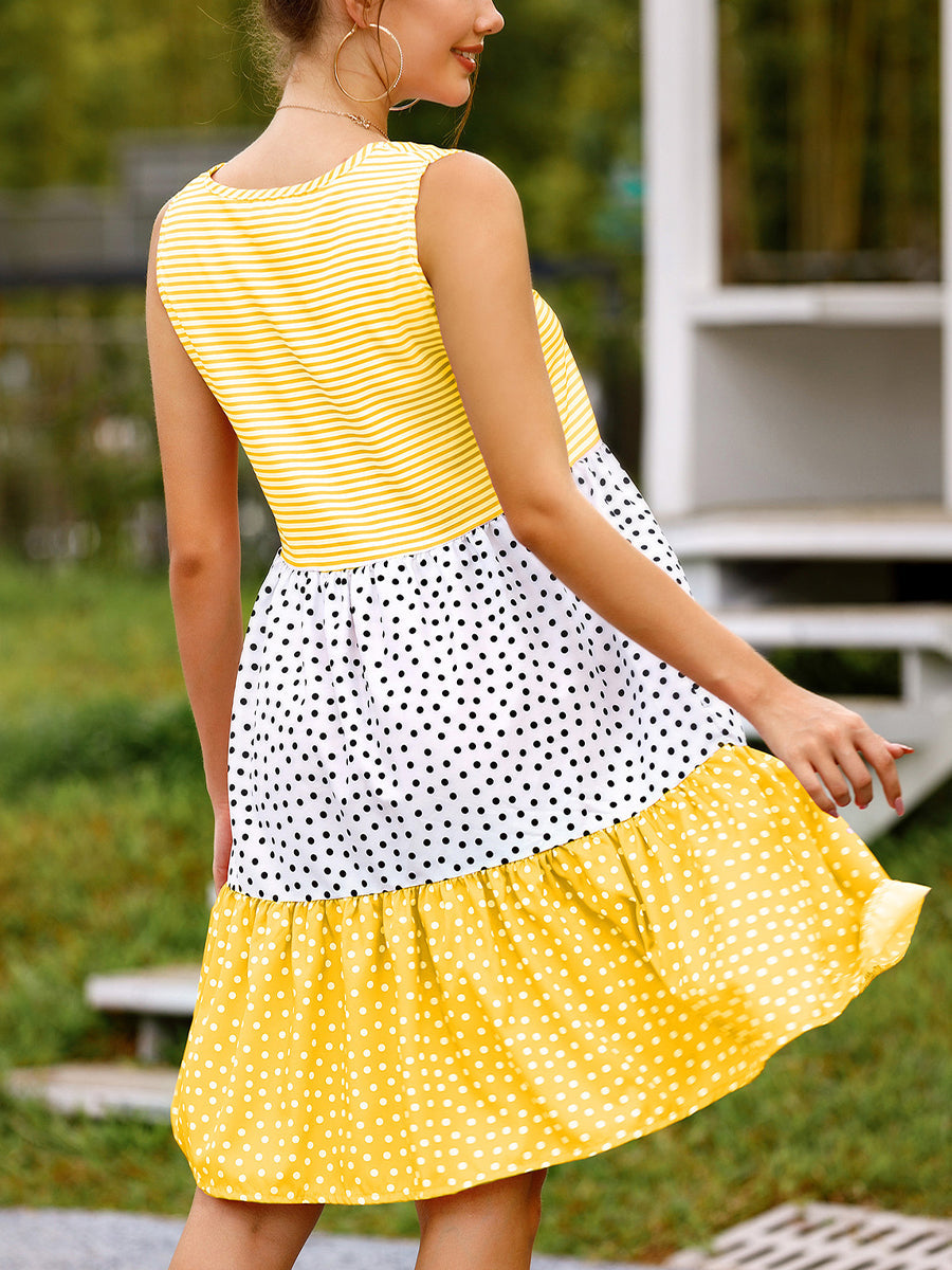 Mini Dresses - Polka Dot Stitching Big Swing Sleeveless Mini Dress - MsDressly