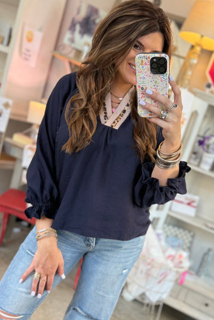 Navy Blue Contrast Leopard Patchwork Collar Plus Size Long Flounce Sleeve Blouse