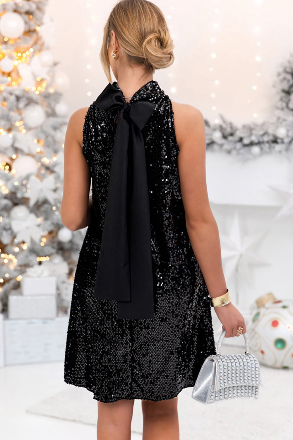 Black Sequin High Neck Ribbon Bow Decor Sleeveless Swing Dress