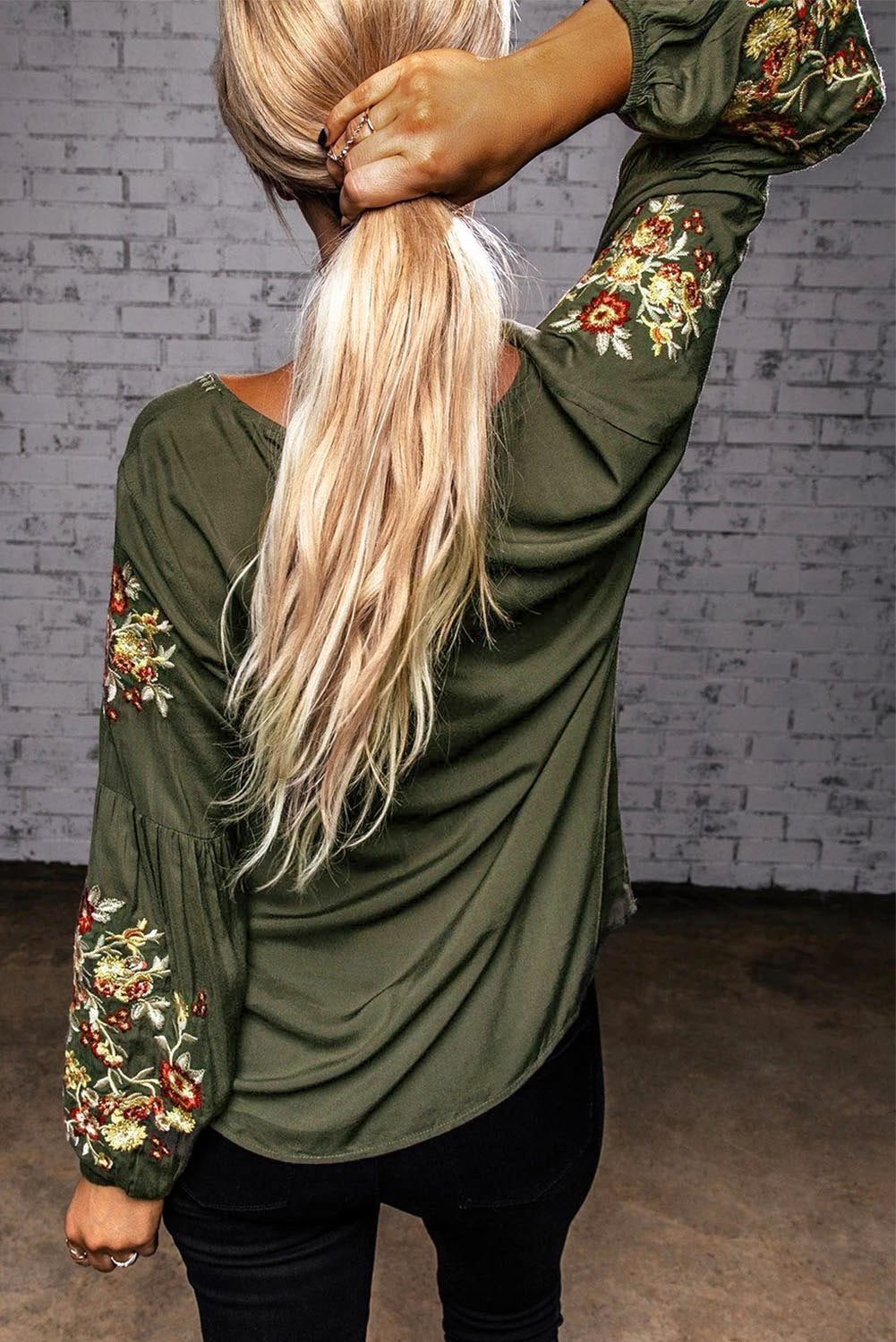Emerald Green Floral Embroidered Crew Neck Top