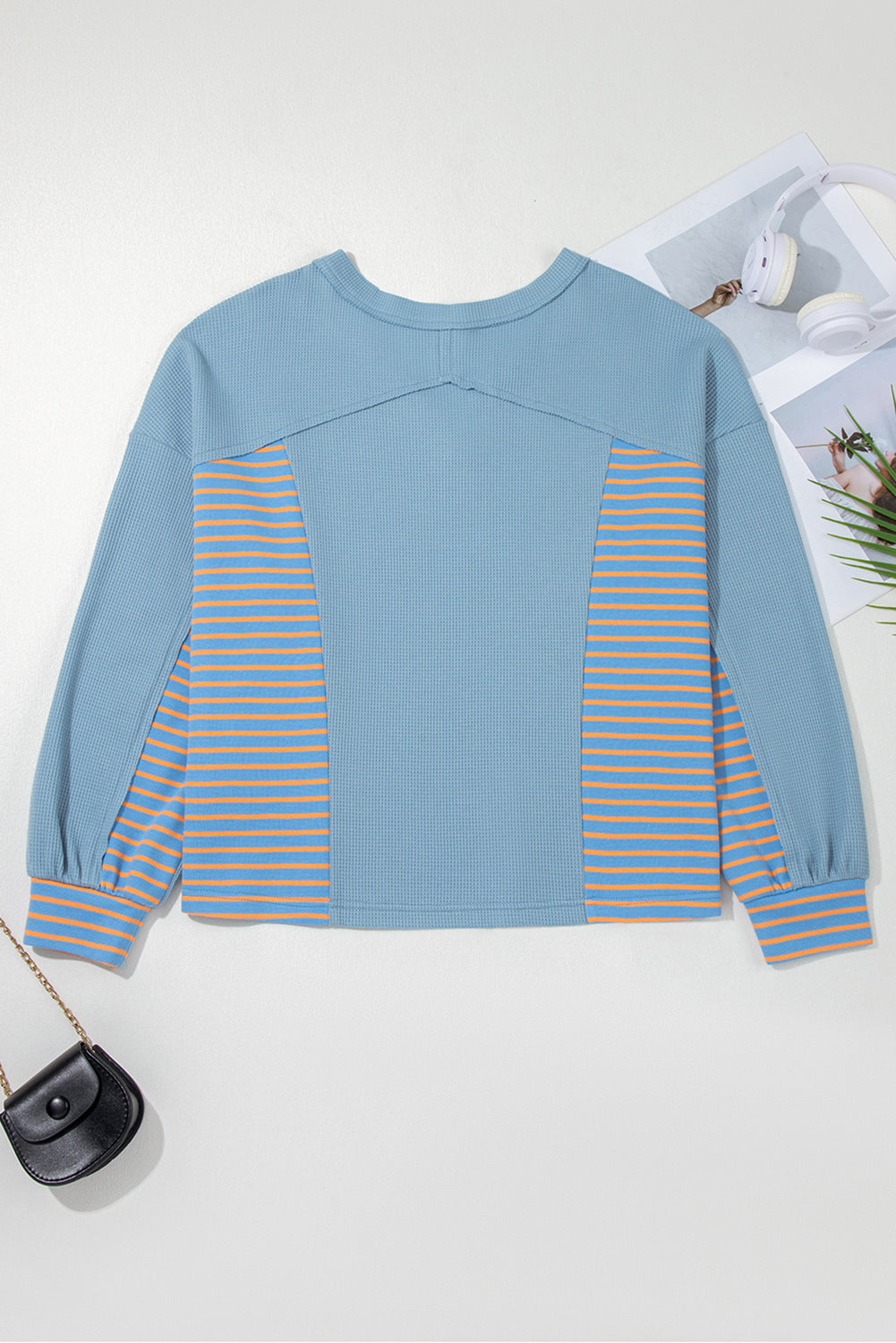 Dusk Blue Raw Seam Waffle Striped Patchwork V Neck Pocketed Plus Size Loose Top