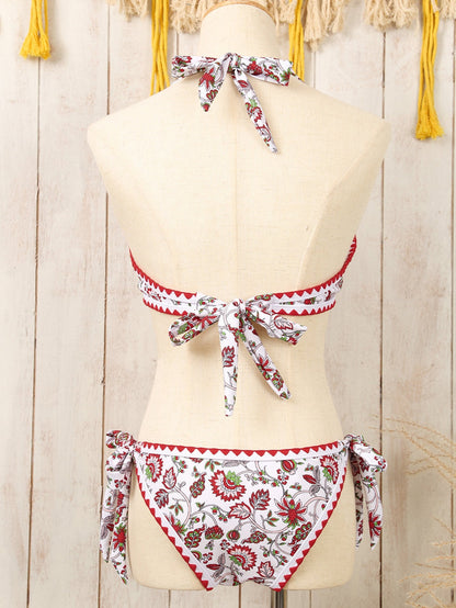 Flirty Red Floral Halter Bikini with O-Ring Detail