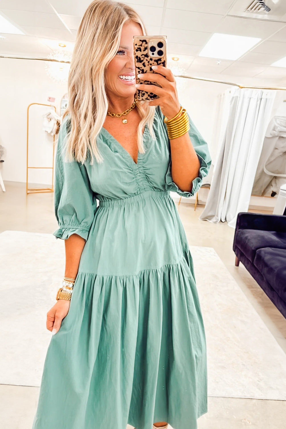 Canton V Neck Frilled Puff Sleeve Cinched Waist Flared Long Dress