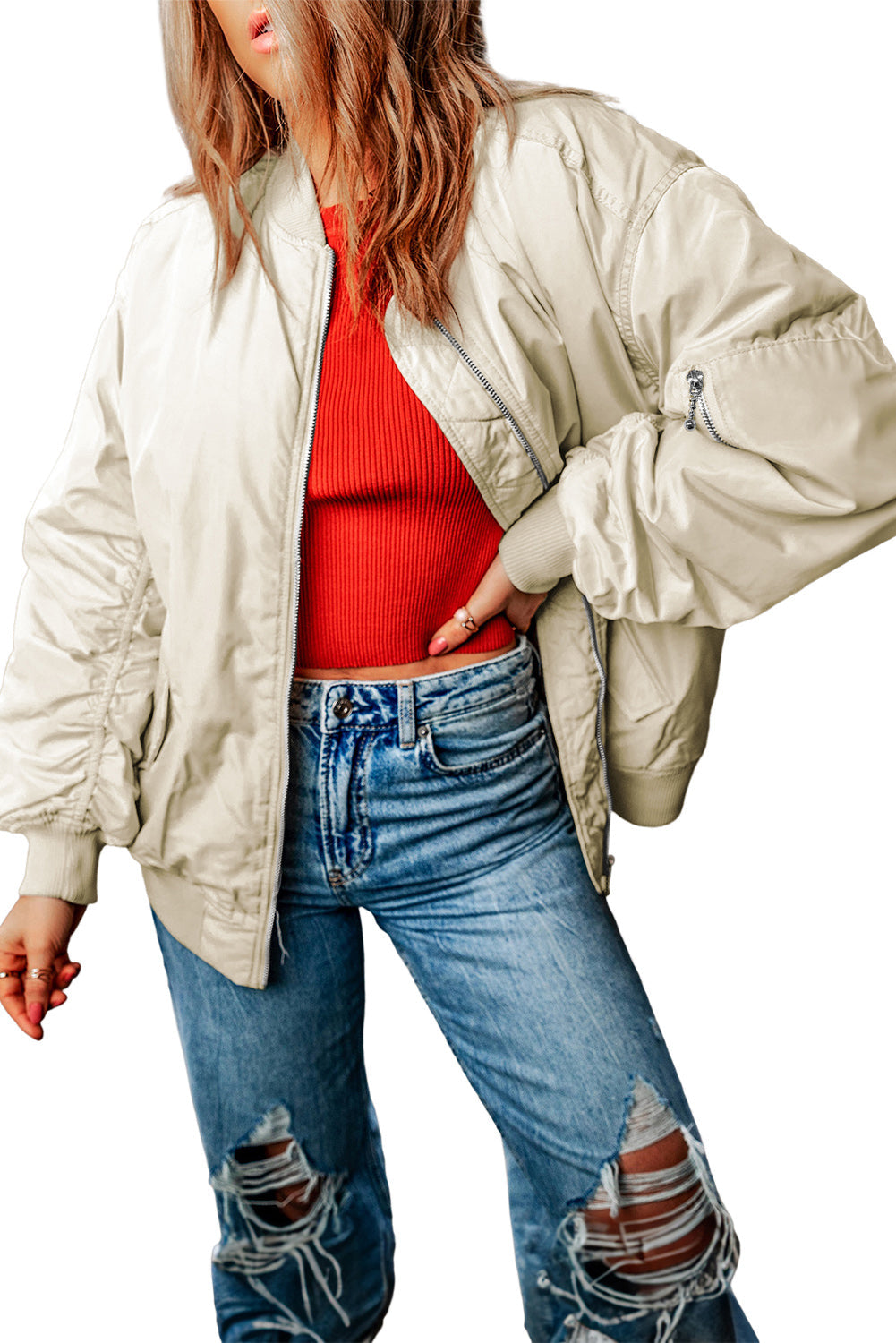 Apricot Zip-Up Puffer Jacket with Side Pockets