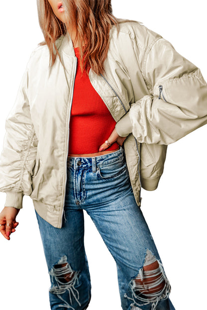 Apricot Zip-Up Puffer Jacket with Side Pockets