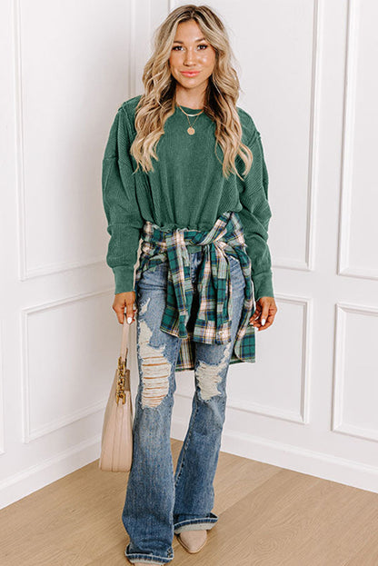 Evergreen Solid Color Raw Seam Patchwork Ribbed Drop Shoulder Sweatshirt