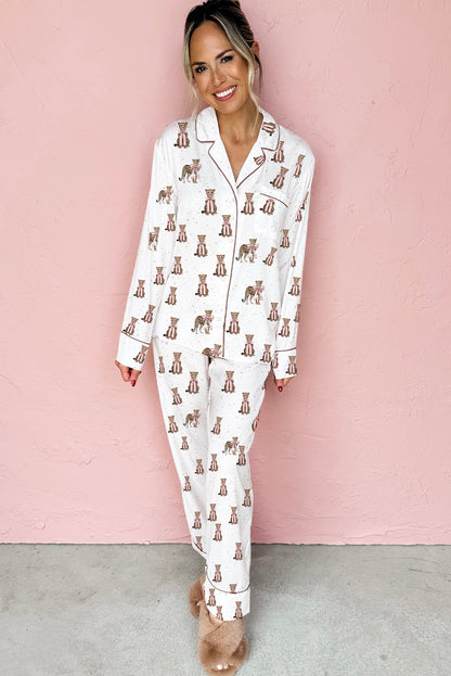 White Pussy Bow Leopard Print Shirt Style 2pcs Pajama Set