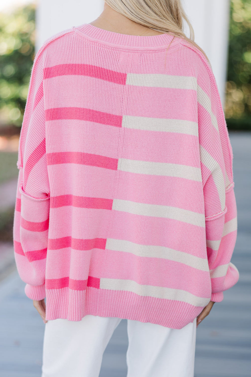 Pink Stripe Round Neck Ribbed Knit Exposed Seam Oversize Sweater