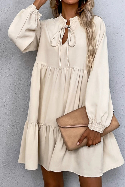 Beige Tie Split Neck Smocked Detail Long Puff Sleeve Ruffle Hem Loose Dress