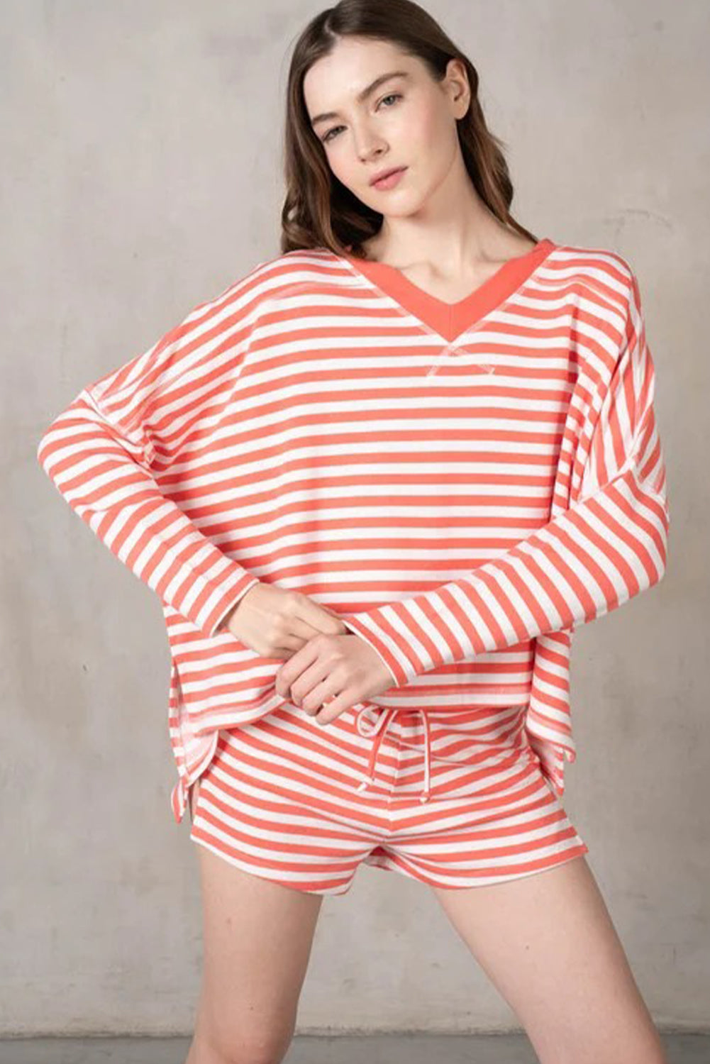 Red Stripe V Neck Long Sleeve Top Side Split Shorts 2pcs Lounge Set