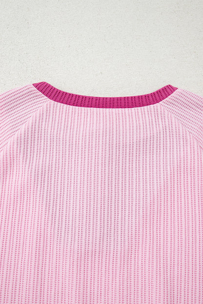 Pink Textured Knit Color Block Patchwork Button Neck Long Sleeve Top
