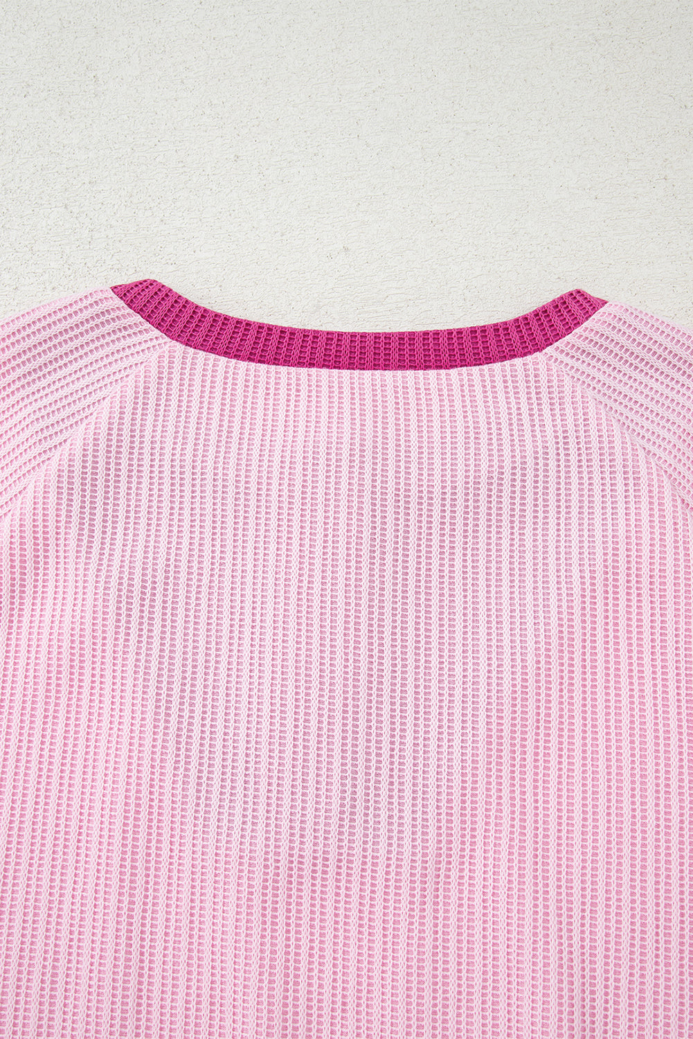 Pink Textured Knit Color Block Patchwork Button Neck Long Sleeve Top
