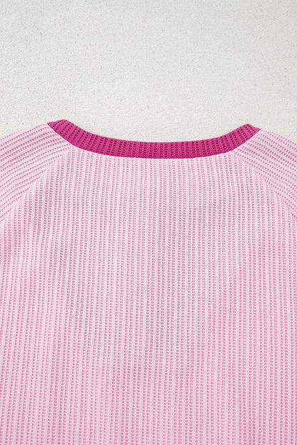Pink Textured Knit Color Block Patchwork Button Neck Long Sleeve Top