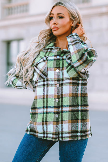 Green Plaid Print Shacket with Pockets