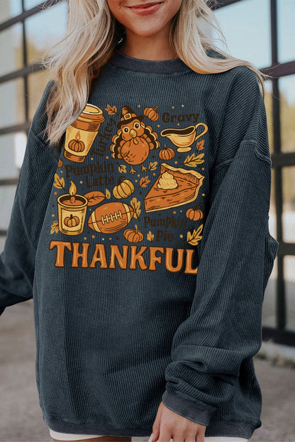 Dark Grey Twisted Ribbed THANKFUL Fall Fashion Printed Baggy Sweatshirt