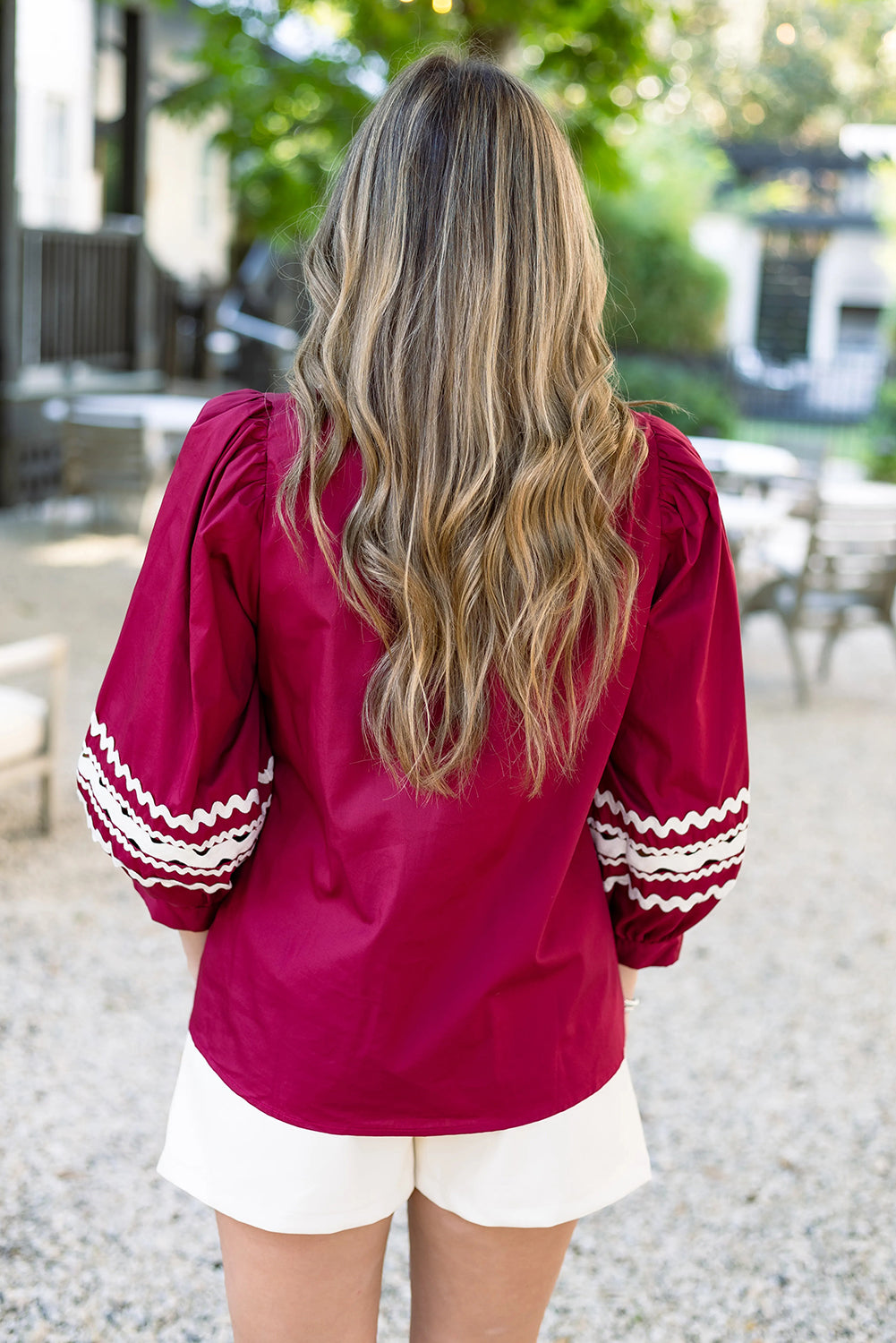 Red Dahlia Contrasted V Neck Ricrac Trim Puff Sleeve Blouse