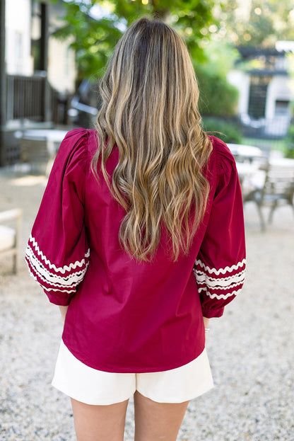 Red Dahlia Contrasted V Neck Ricrac Trim Puff Sleeve Blouse