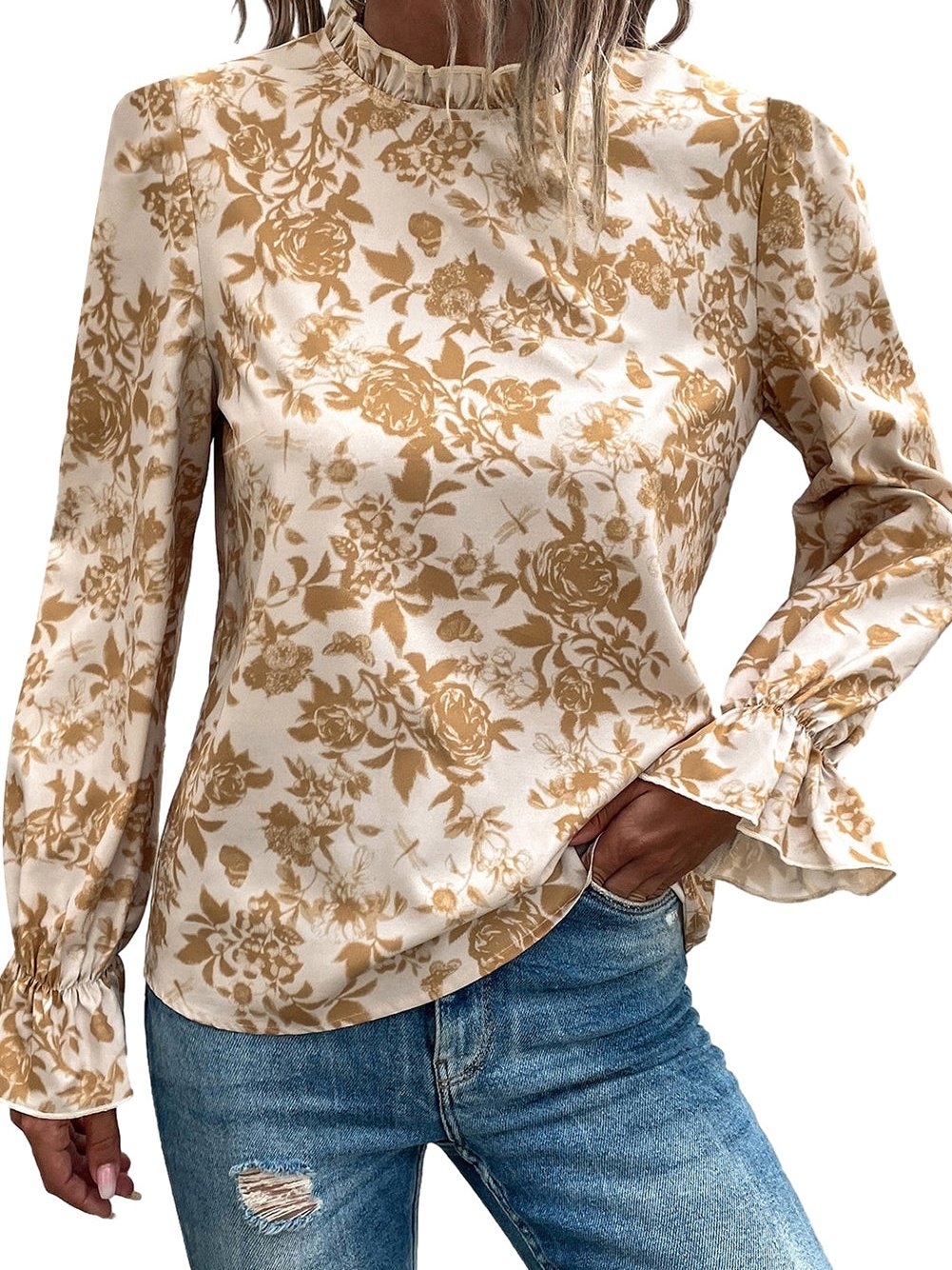 Elegant White Floral Print Ruffle Trim Shift Blouse
