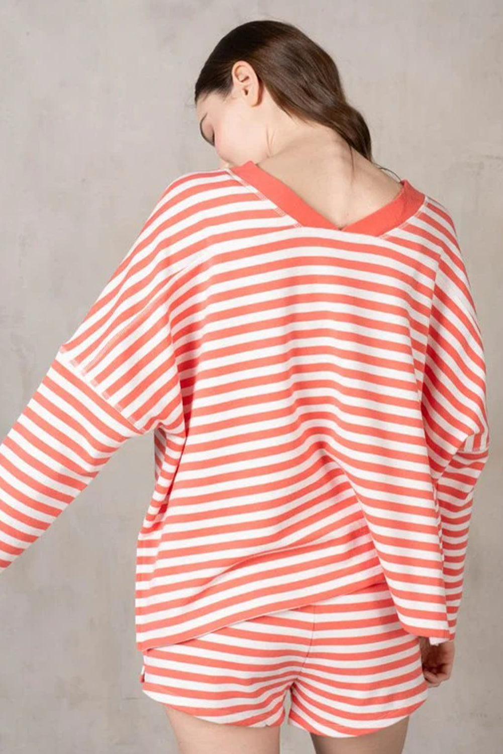 Red Stripe V Neck Long Sleeve Top Side Split Shorts 2pcs Lounge Set