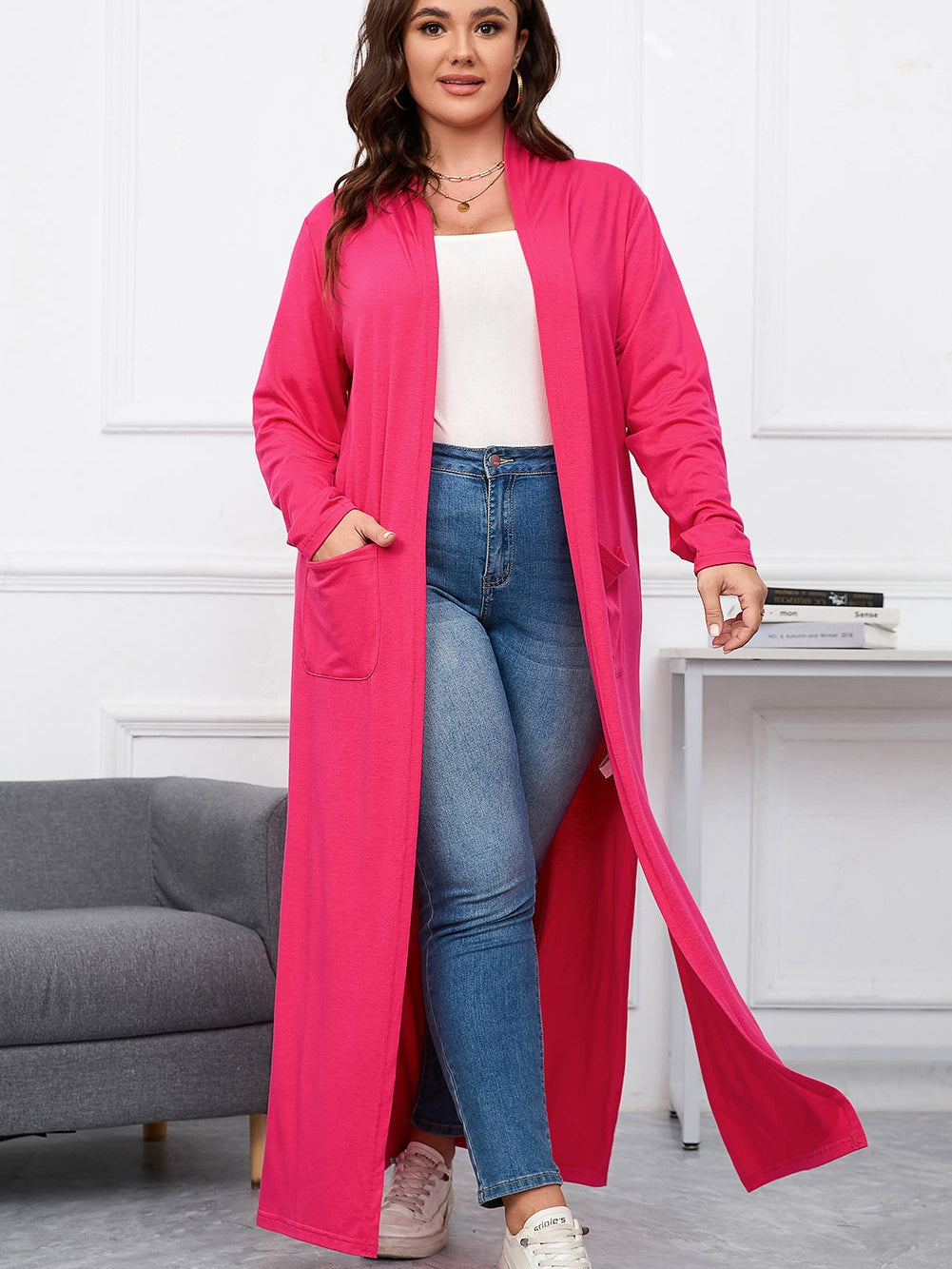 Strawberry Pink Plus Size Side Split Pockets Duster Cardigan