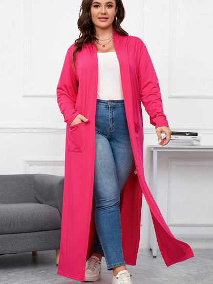 Strawberry Pink Plus Size Side Split Pockets Duster Cardigan
