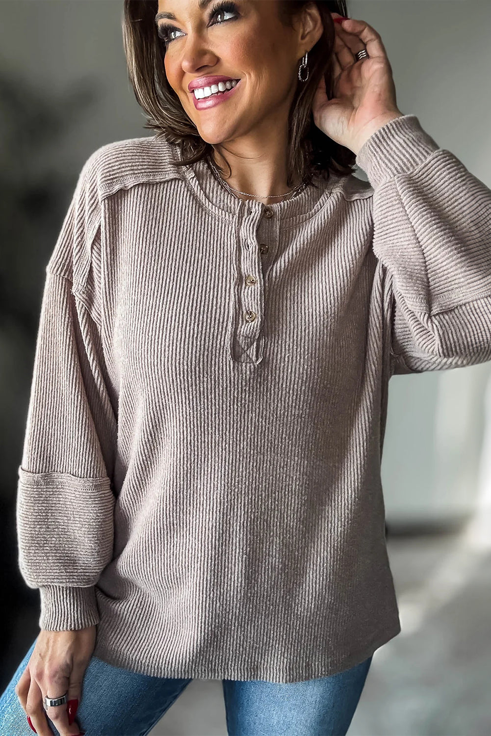 Smoke Gray Brushed Ribbed Knit Exposed Seam Drop Shoulder Henley Top