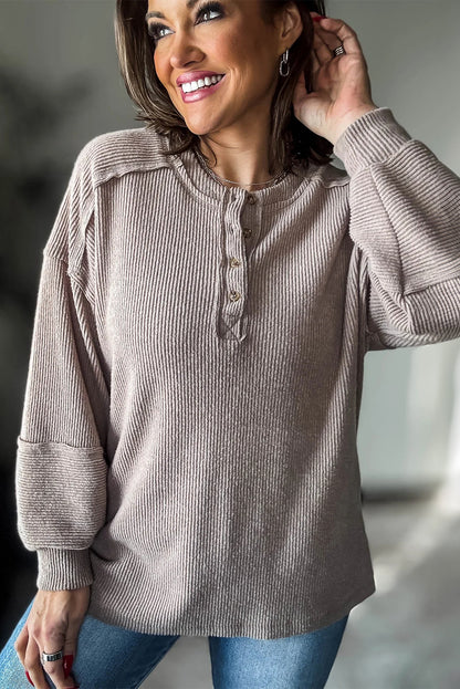 Smoke Gray Brushed Ribbed Knit Exposed Seam Drop Shoulder Henley Top