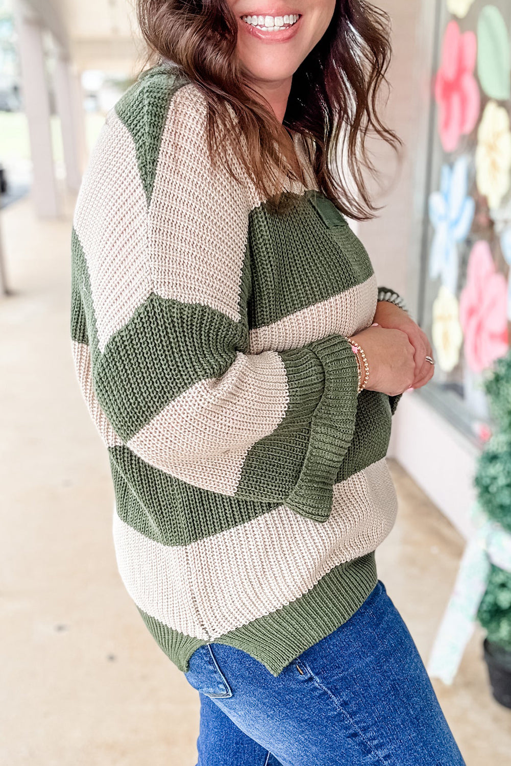 Green Stripe Plus Size Notched Neck Drop Shoulder Baggy Sweater