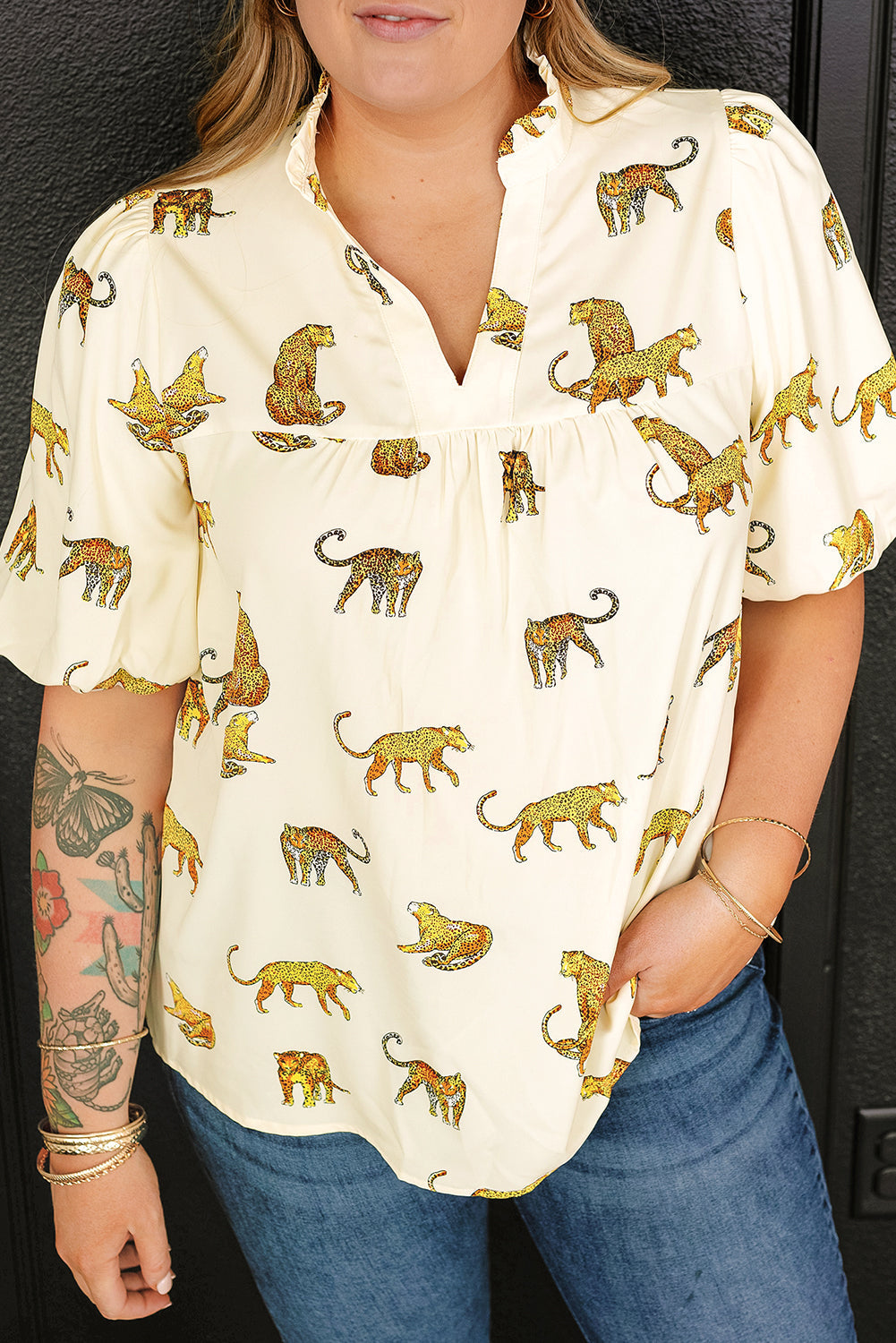 Wild Cheetah Print Beige Plus Size Puff Sleeve Blouse