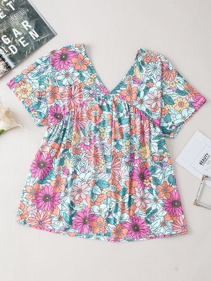 Summer Blossom V Neck Plus Size Blouse for Women