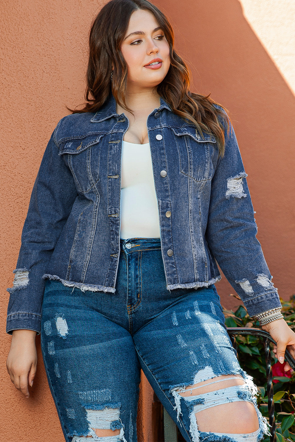 Stylish Plus Size Navy Distressed Denim Shacket