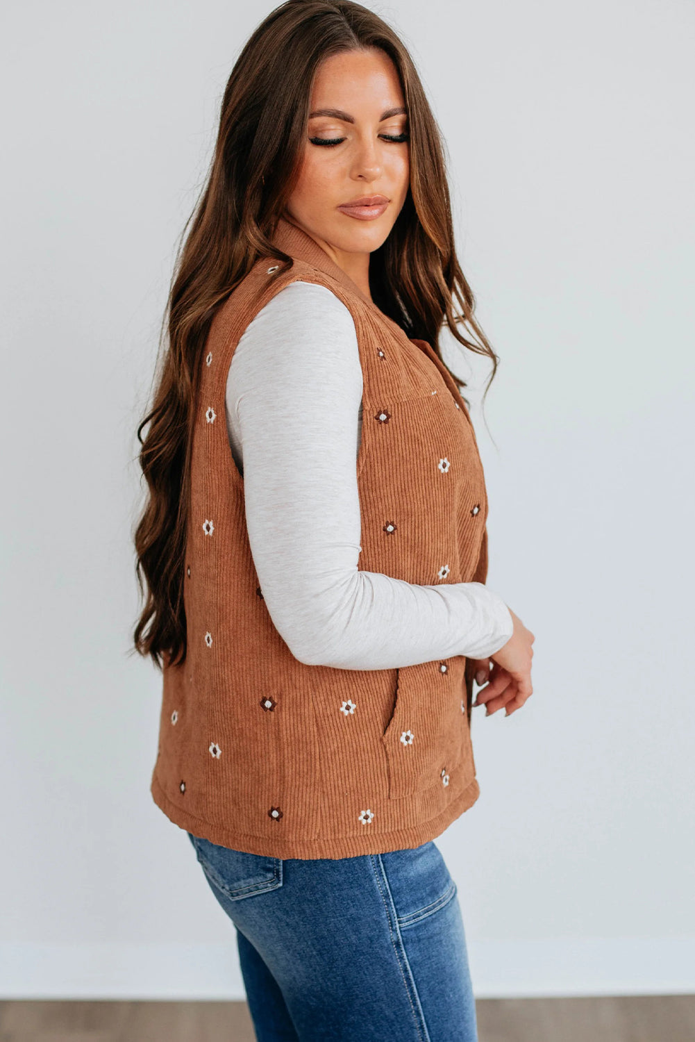 Gold Flame Corduroy Flower Embroidered Zipped Vest