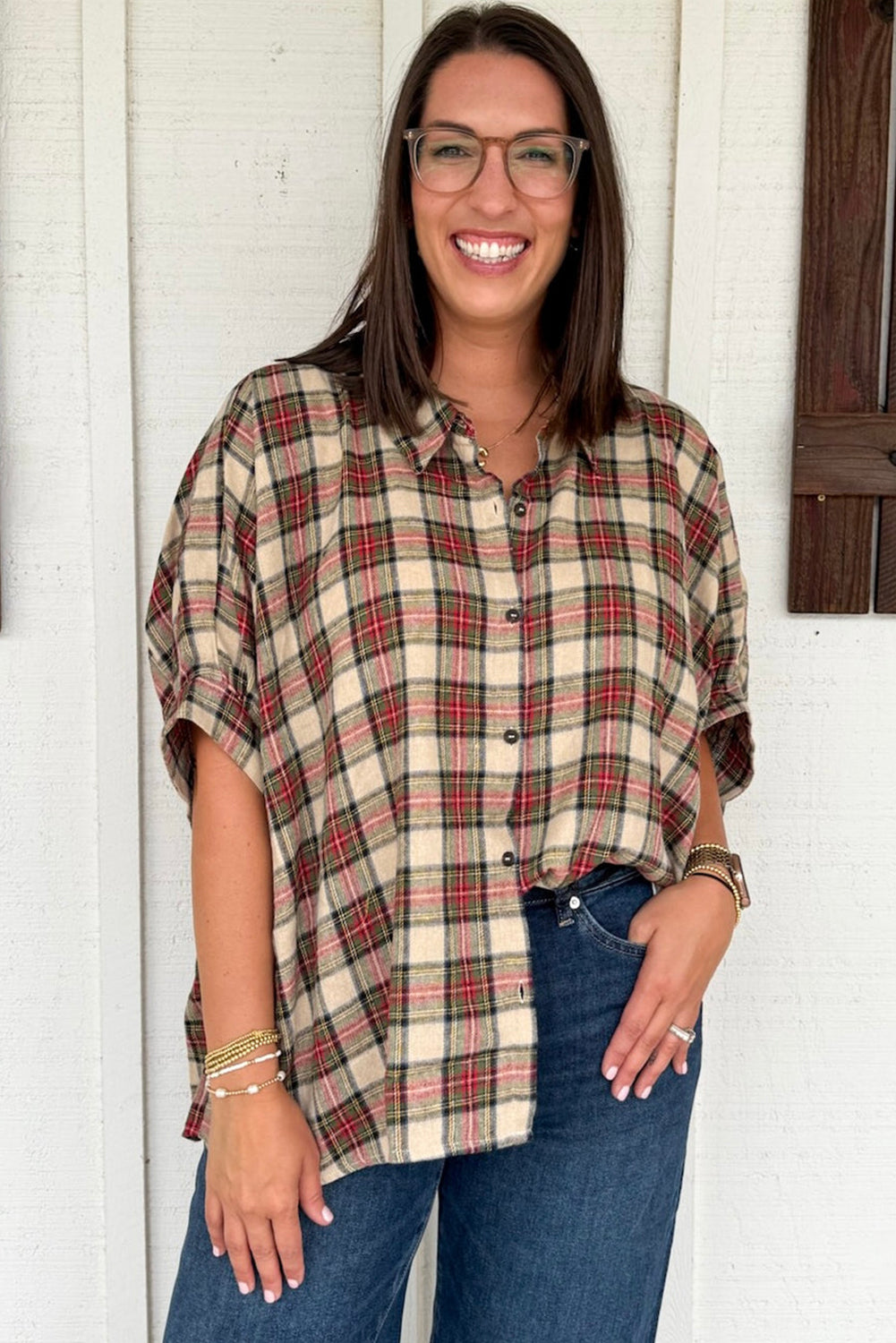 Parchment Retro Plaid Half Sleeve Loose Shirt