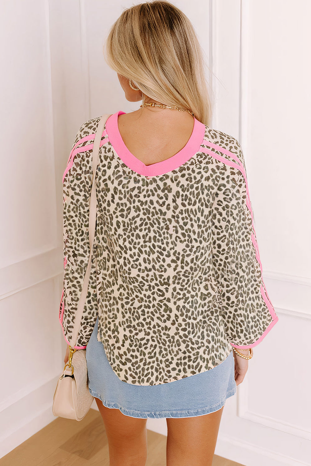 Khaki Leopard Print Contrast V Neck Varsity Stripe Detail Long Sleeve Top