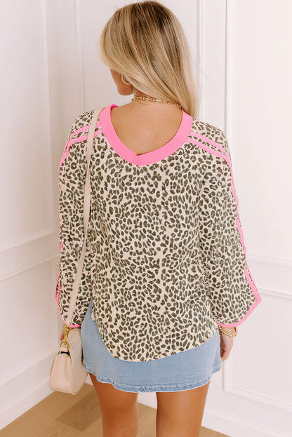 Khaki Leopard Print Contrast V Neck Varsity Stripe Detail Long Sleeve Top