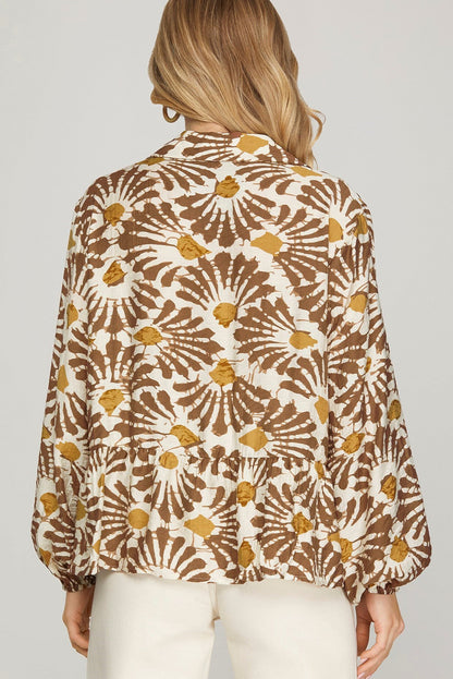 Khaki Abstract Floral Print Ruffle Hem Long Sleeve Shirt